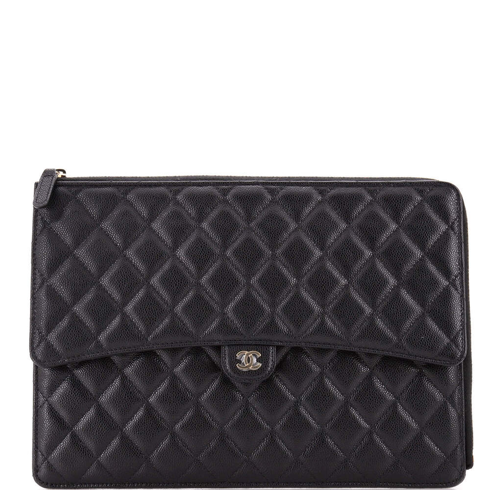 Chanel Large Flap Zip Clutch Quilted Caviar
